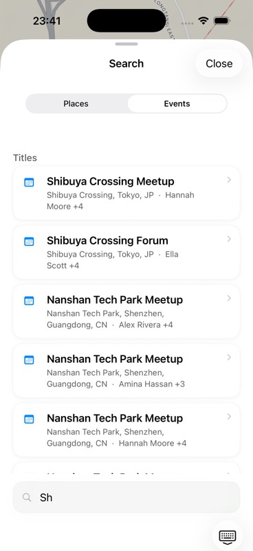 Mappamory 搜索界面,显示事件搜索结果列表