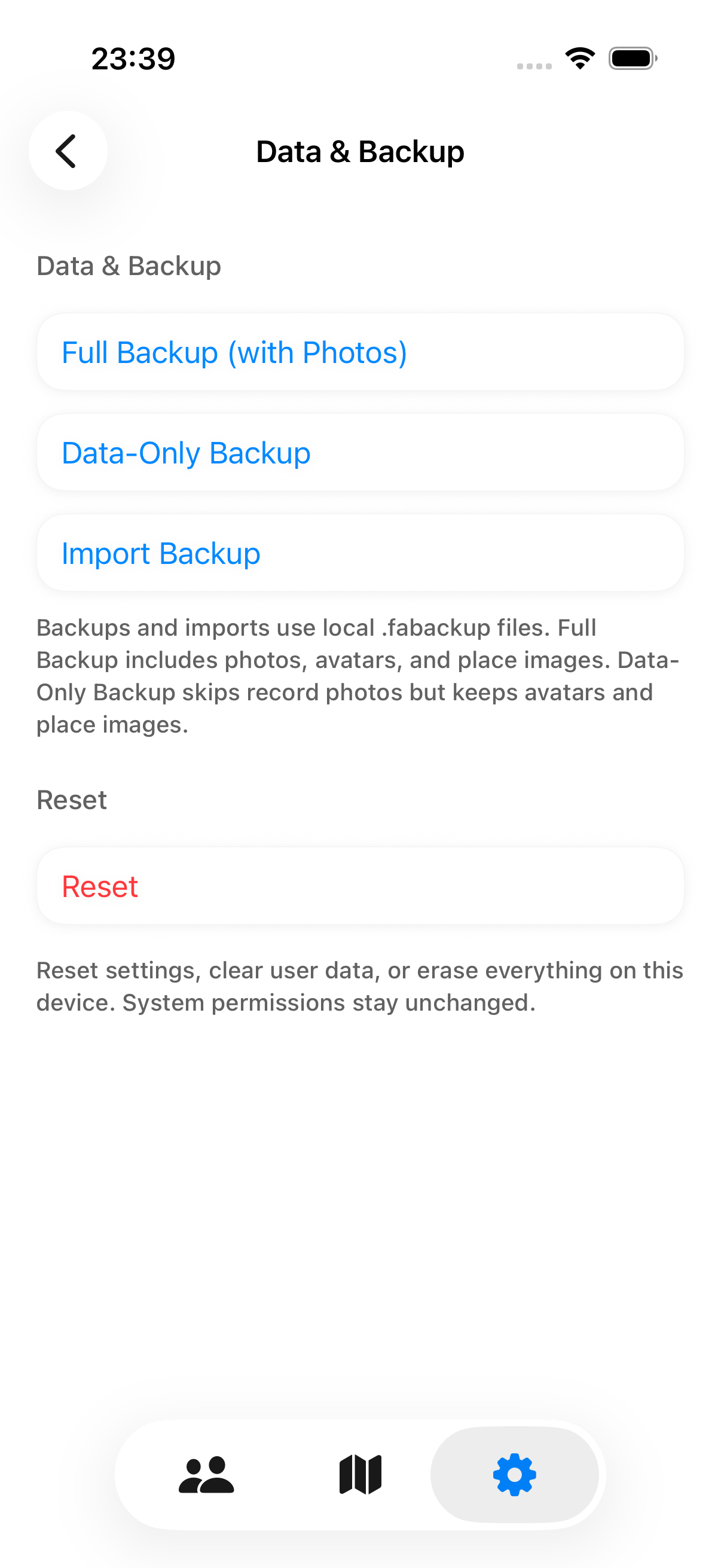 Mappamory Data & Backup screen with full backup, data-only backup, and import options