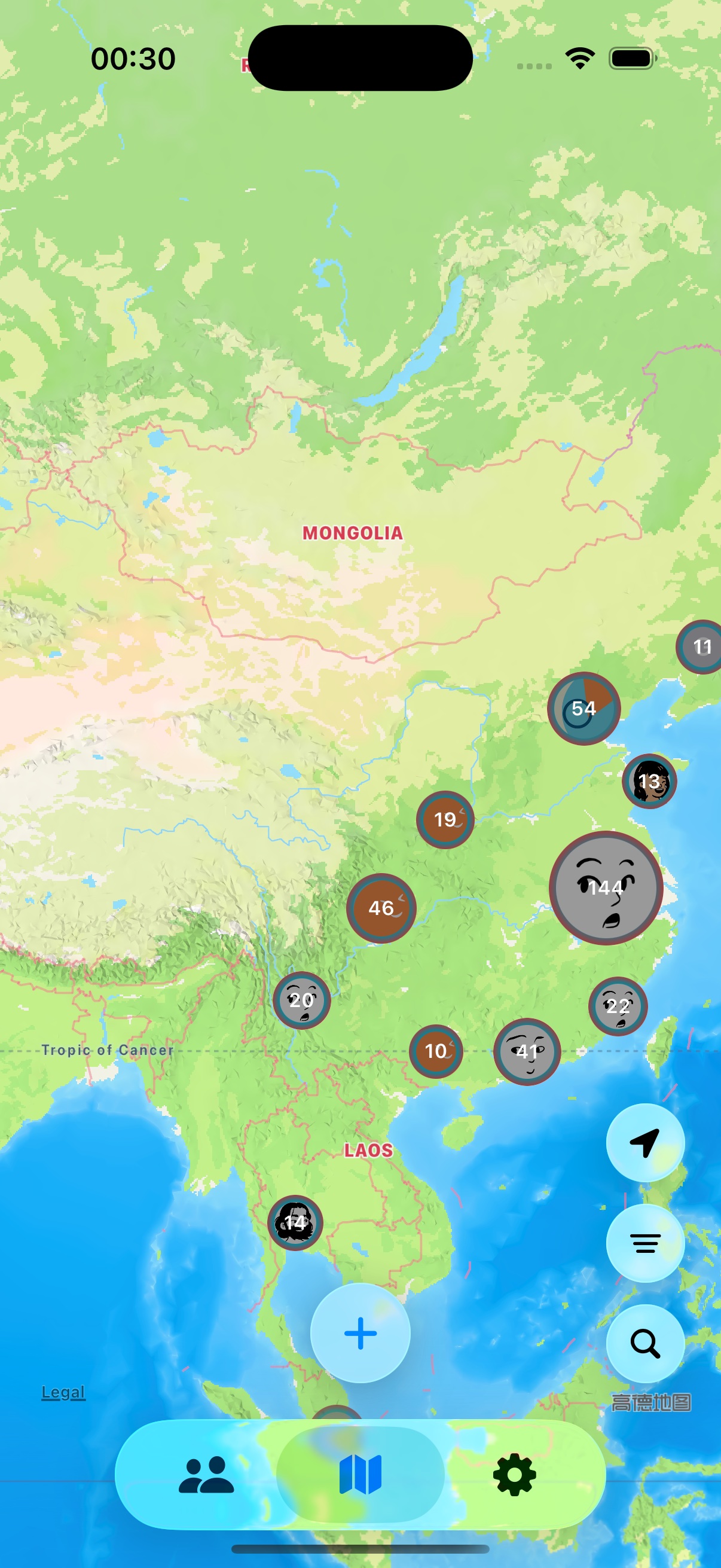 Mappamory map with people avatars, clusters, and the add-record button