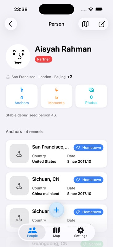 Mappamory 人物详情界面,显示地点记录和共同经历