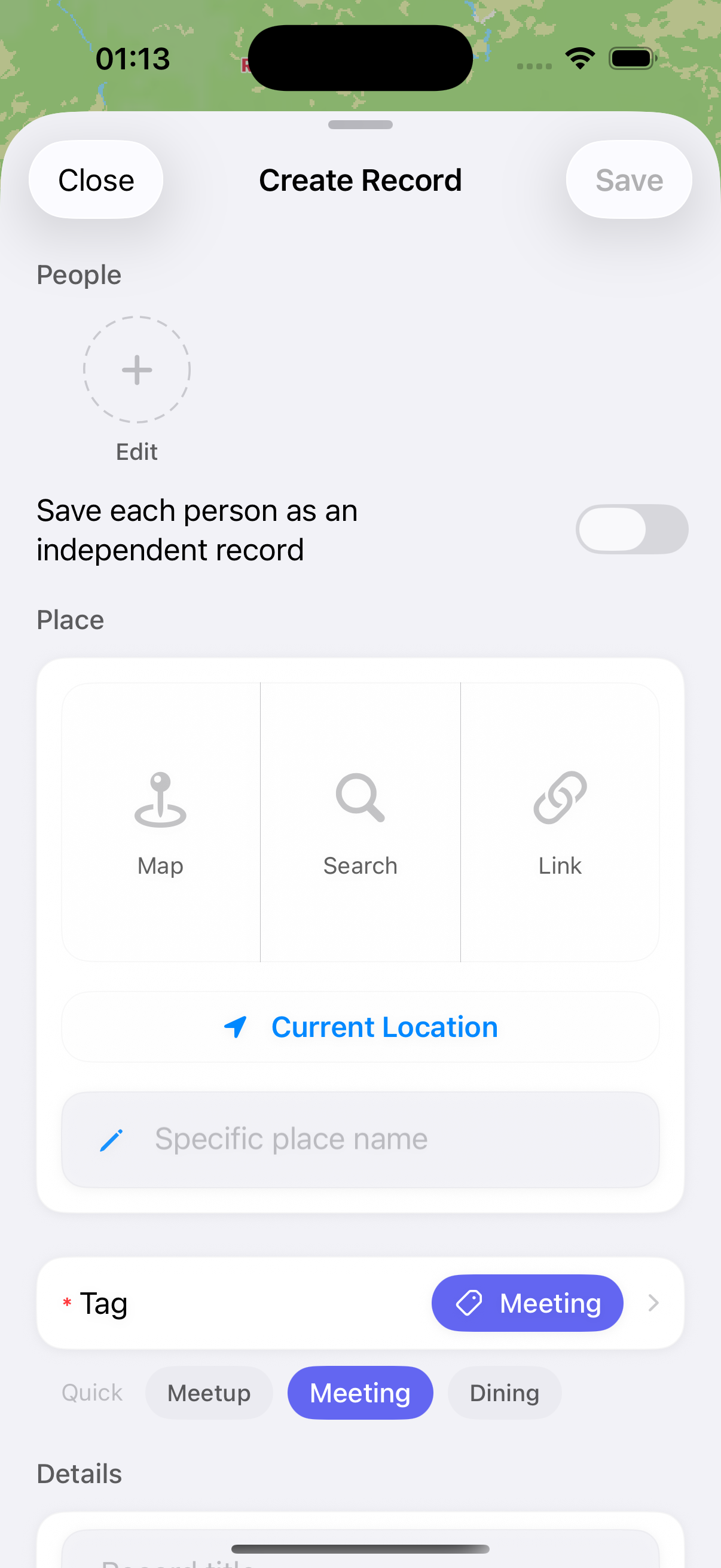 The Mappamory new-record screen with people, place, and optional details