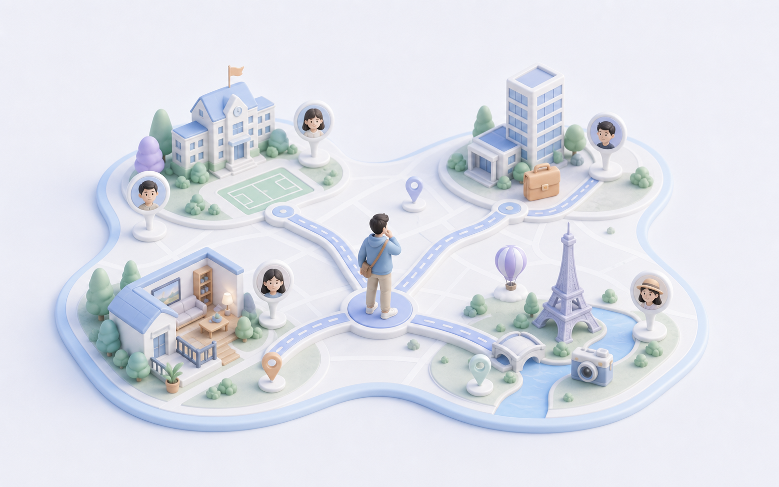 北欧轻 3D 风格人生阶段地图插画,显示学校、工作地、住处、旅行地和人物头像标记